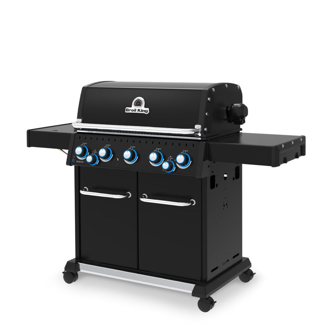 Freestanding grill, Broil King, Baron series, 5-burner propane model with side burner and rotisserie, angled front view