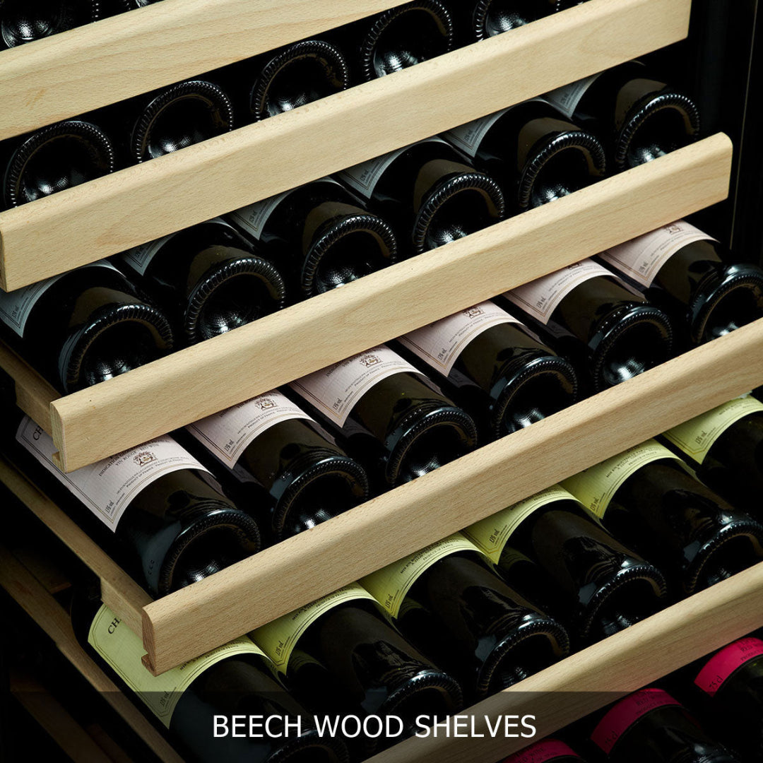 Solid beech wood pull-out shelves for built-in wine refrigerator holding bottles