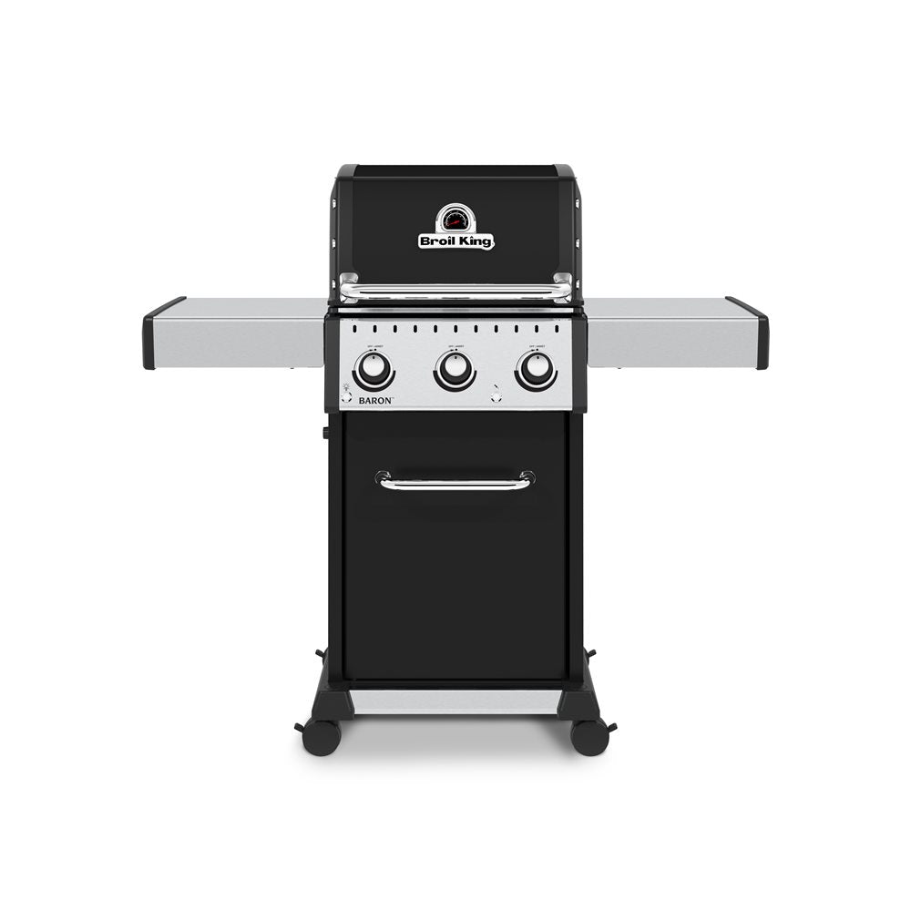 Outdoor grill, Broil King, Baron Series, compact 3-burner freestanding gas grill with side shelves and black cabinet base