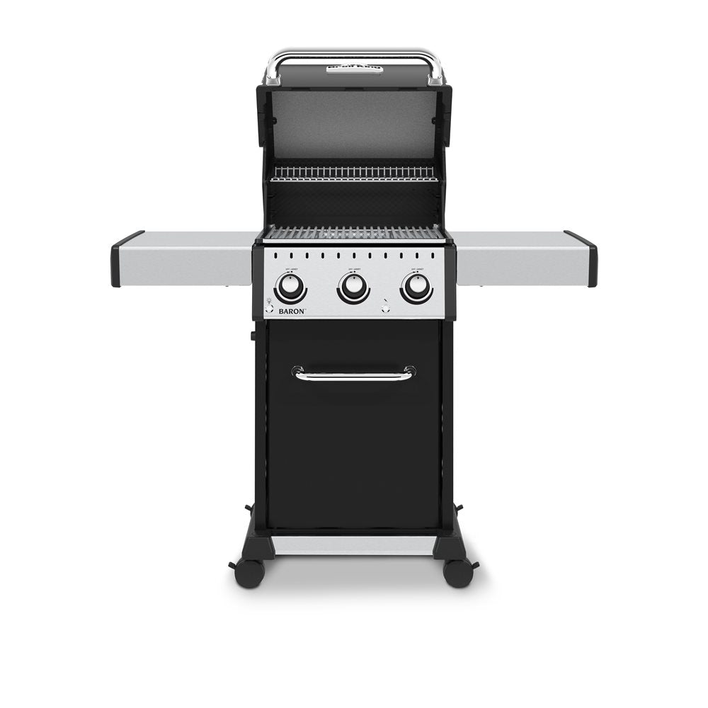Freestanding grill, Broil King, Baron Series, 3-burner propane grill with lid open and side shelves extended