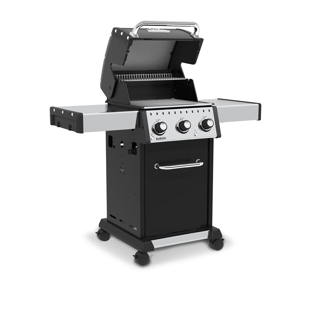 Freestanding grill, Broil King, Baron Series, 3-burner propane grill with open hood and side shelves extended