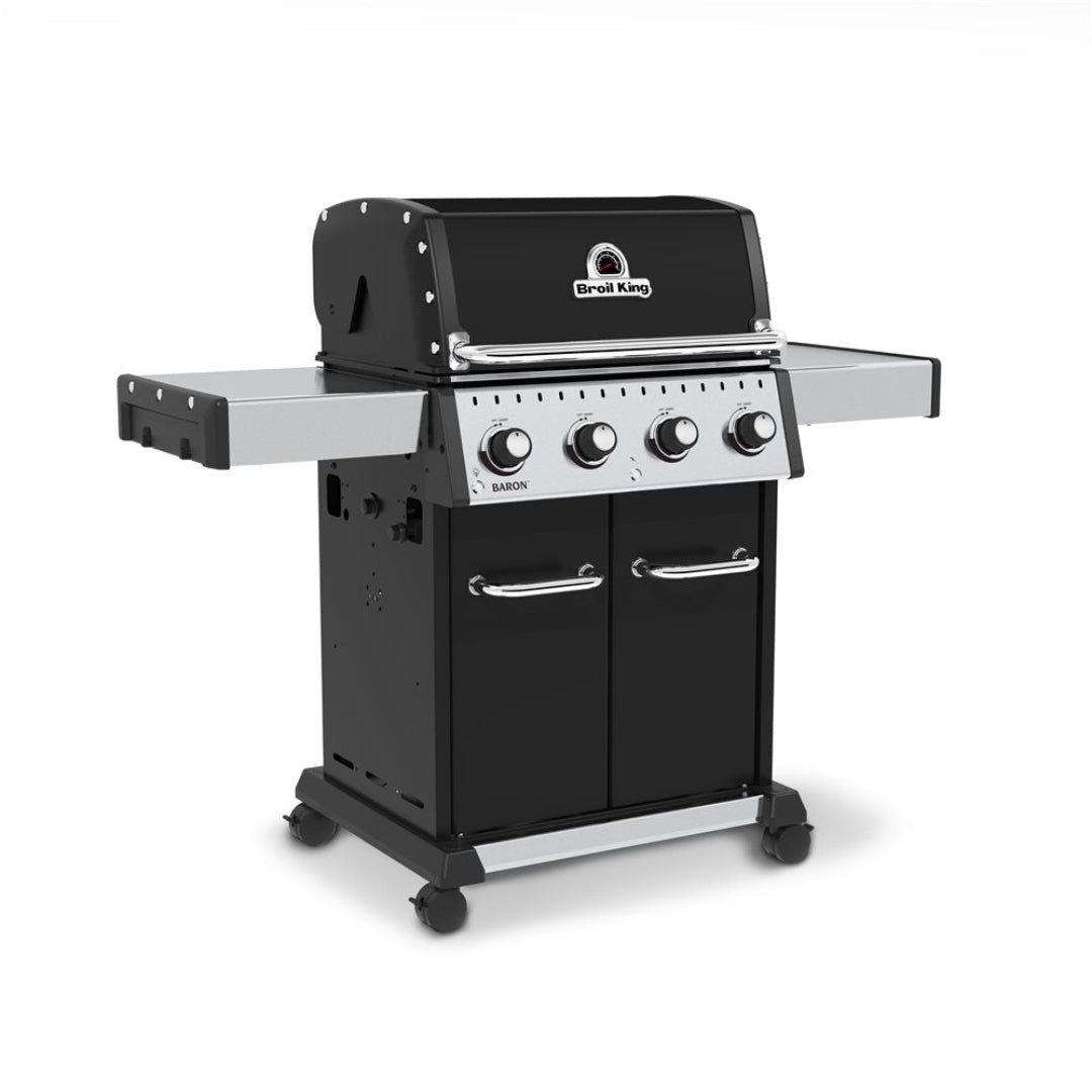 Freestanding gas grill, Broil King, Baron Series, 4-burner with cabinet doors and side shelves