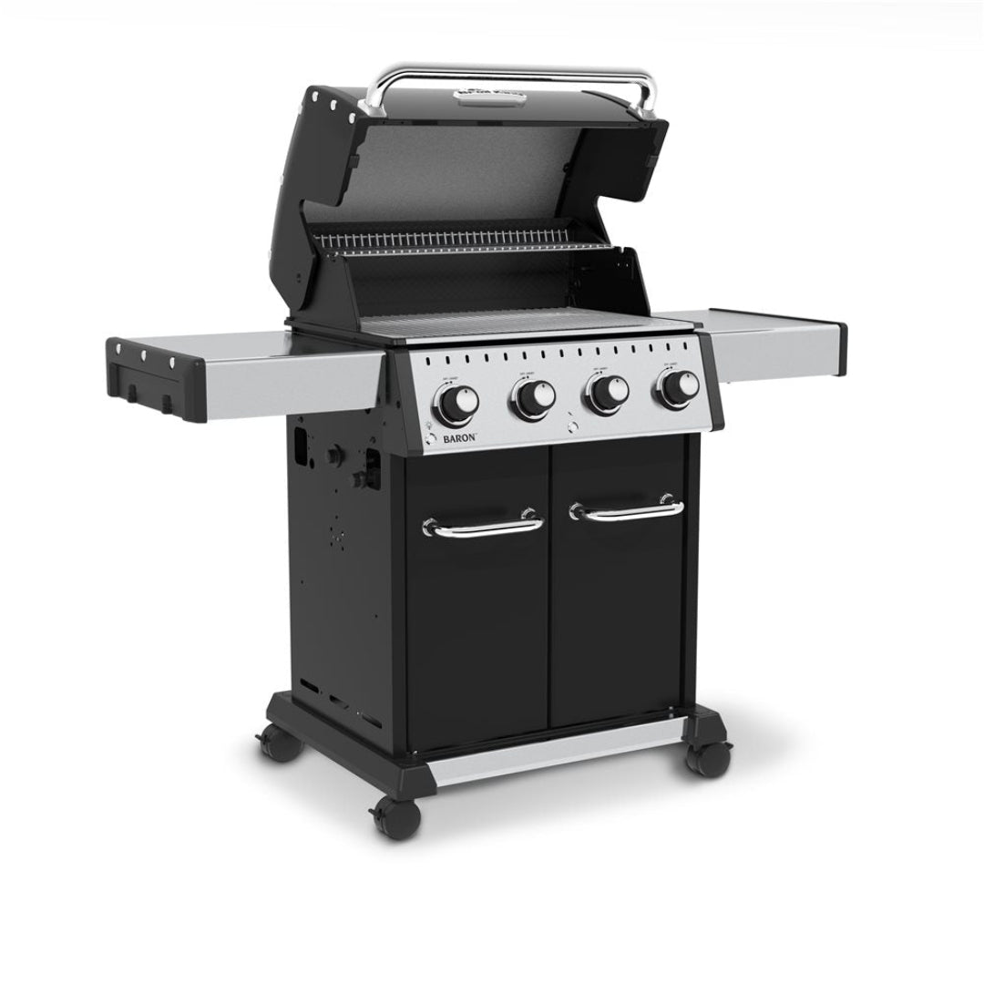 Freestanding gas grill, Broil King, Baron Series, 4-burner with cabinet base, side shelves, and open hood