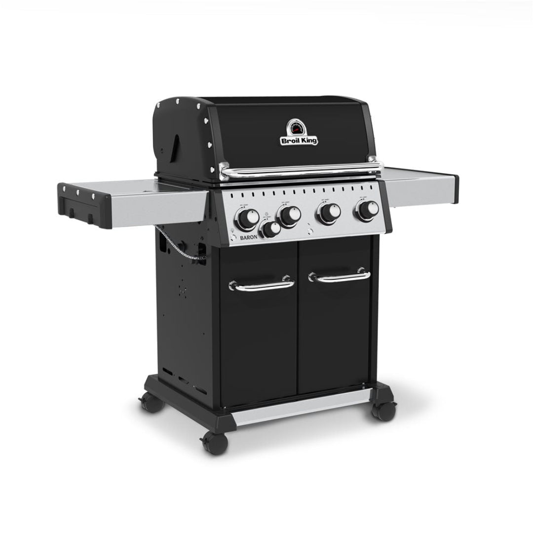 Freestanding grill, Broil King, Baron Series, 4-burner propane grill with stainless steel side shelves and enclosed cabinet base