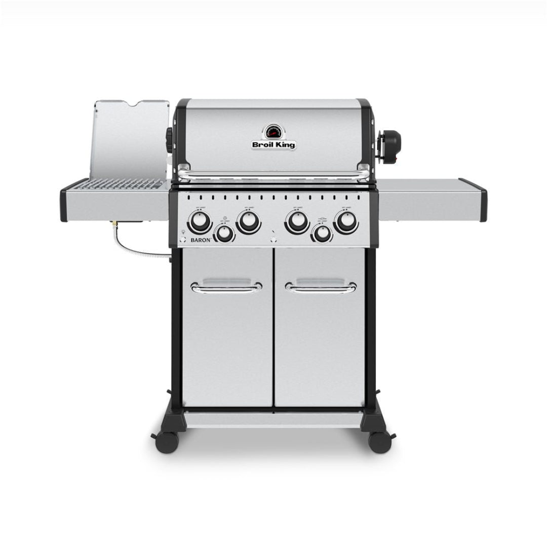 Freestanding grill, Broil King, Baron Series, stainless steel 5-burner model with left side burner lid open