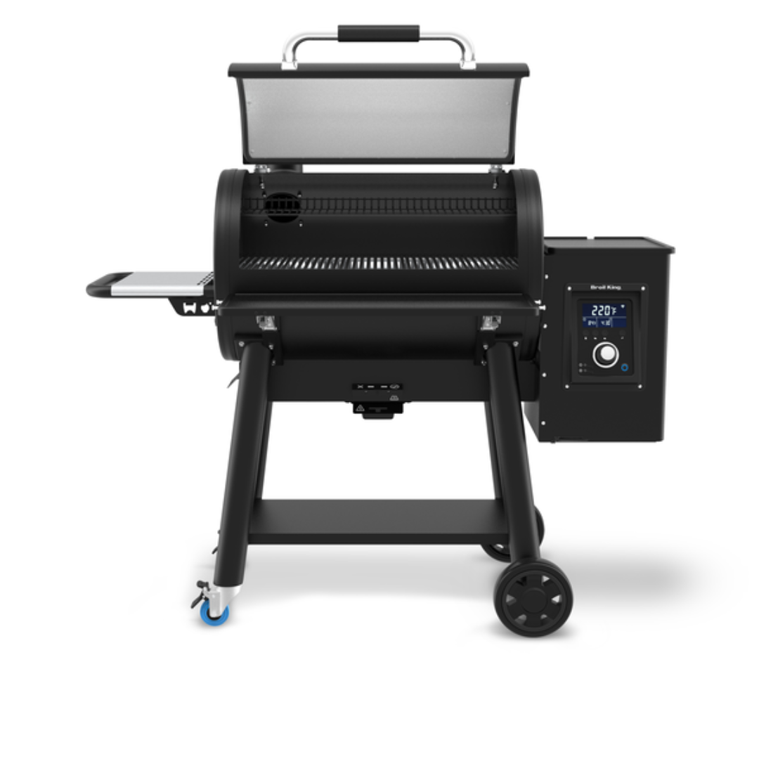 Pellet Grill, Broil King, Regal Pellet 500 Series, front view with lid open and digital controller visible