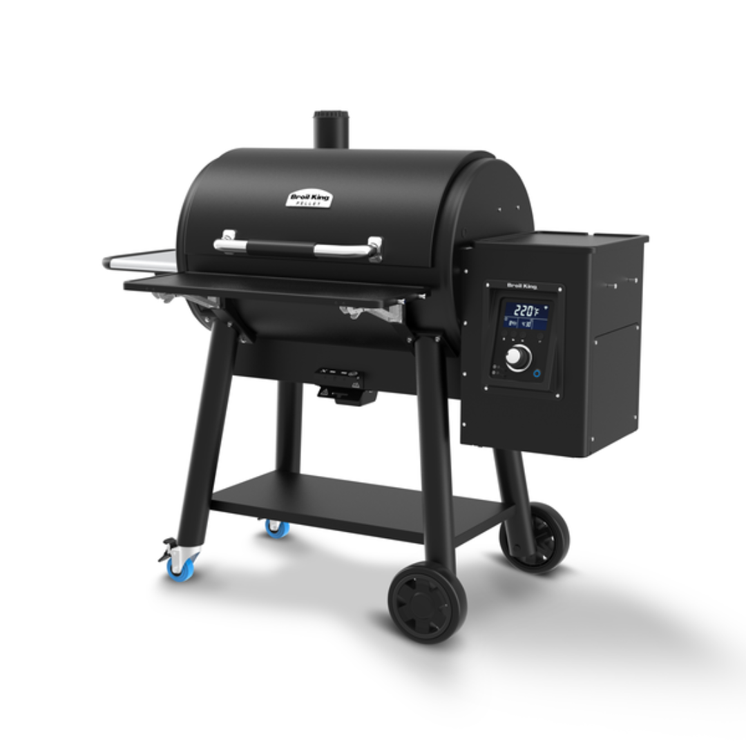 Pellet Grill, Broil King, Regal Pellet 500 Series, angled view with digital display and blue caster wheels