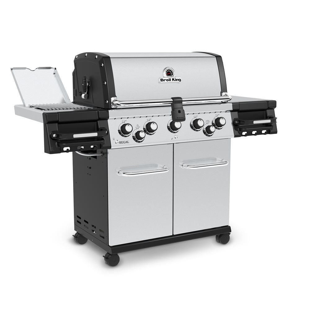 Broil King Regal S 590 Pro IR 5-burner stainless steel propane gas grill with side burner, infrared rotisserie and enclosed cabinet cart