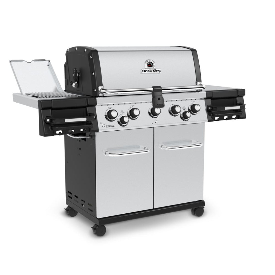 Broil King Regal S 590 Pro IR stainless steel 5-burner propane gas grill cart with side burner, infrared rear rotisserie burner, enclosed storage cabinet and side shelves