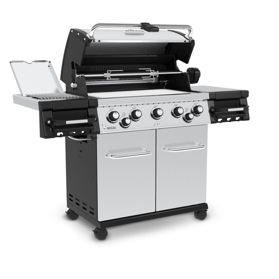 Broil King Regal S 590 Pro IR 5-burner stainless steel propane gas BBQ grill with infrared rotisserie, side burner, warming rack and double-door storage cart