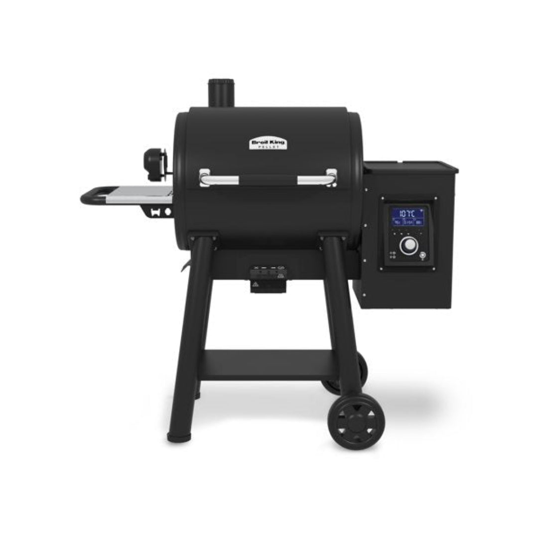 Pellet Grill, Broil King, Regal Pellet 400 Series, straight-on view with digital controller and chimney stack