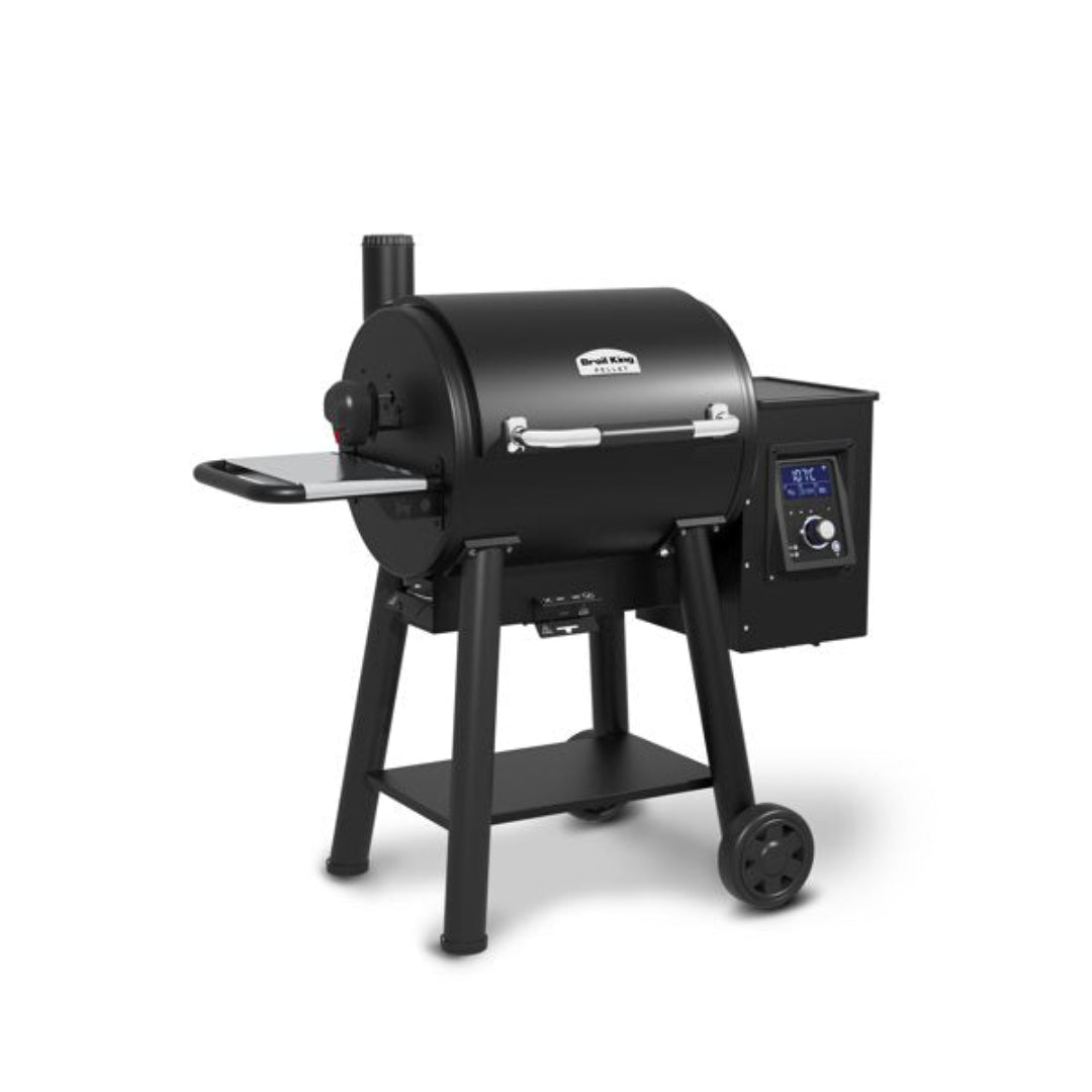 Pellet Grill, Broil King, Regal Pellet 400 Series, angled side view with digital controller and chimney stack