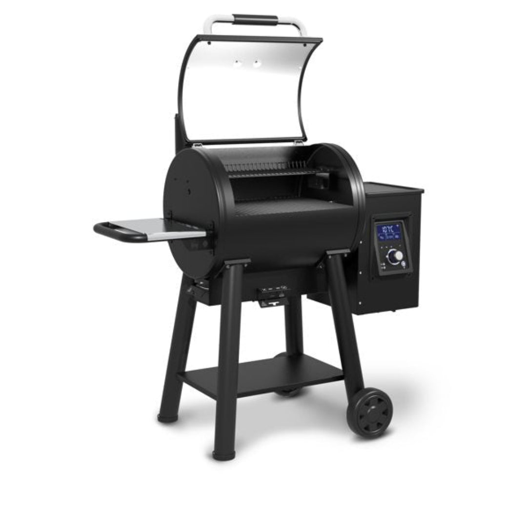 Pellet Grill, Broil King, Regal Pellet 400 Series, open lid with digital control panel and side shelf visible