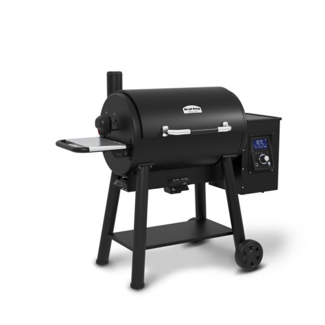 Pellet grill, Broil King, Regal series, angled view with hopper and digital display, freestanding unit on white background