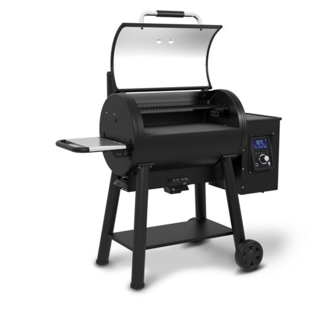 Pellet grill, Broil King, Regal series, open lid showing grill grates and hopper with digital control panel, freestanding on white background