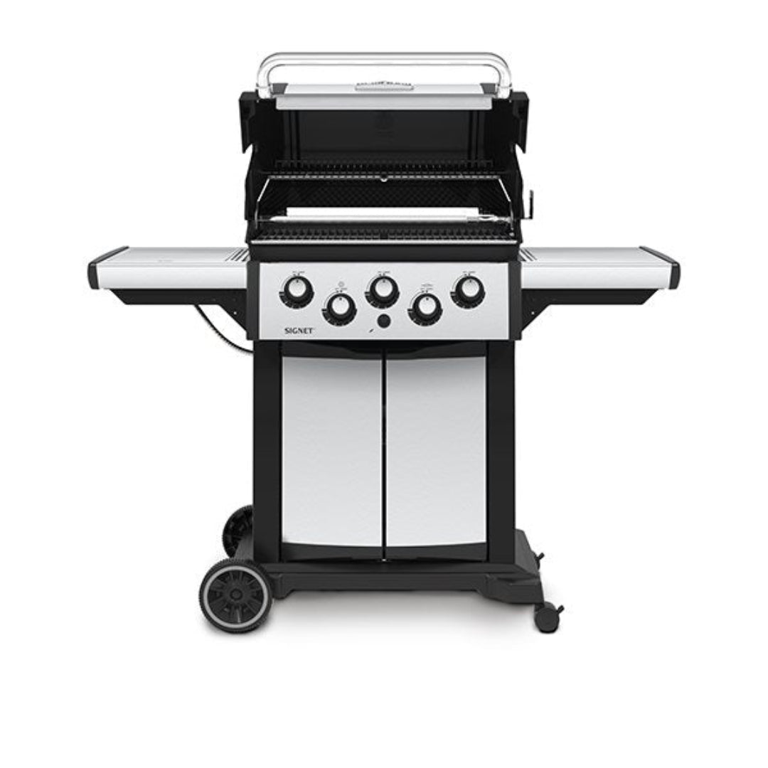 Broil King Signet 4-Burner Propane Grill with Stainless Steel Control Panel, Side Shelves, Storage Cabinet, and Wheels