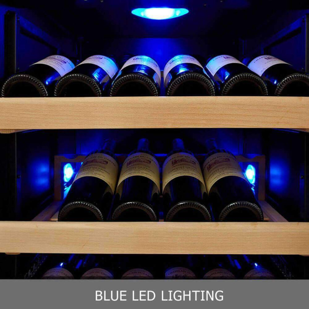 Wine cooler interior with blue LED lighting and light wood slide-out shelves storing horizontal wine bottles