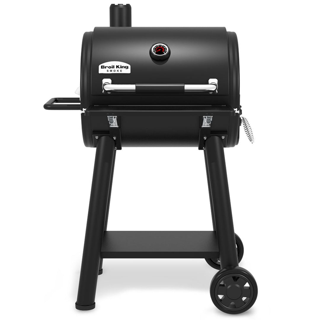 Charcoal grill, Broil King, Smoke Series, freestanding barrel design with side shelf and wheels