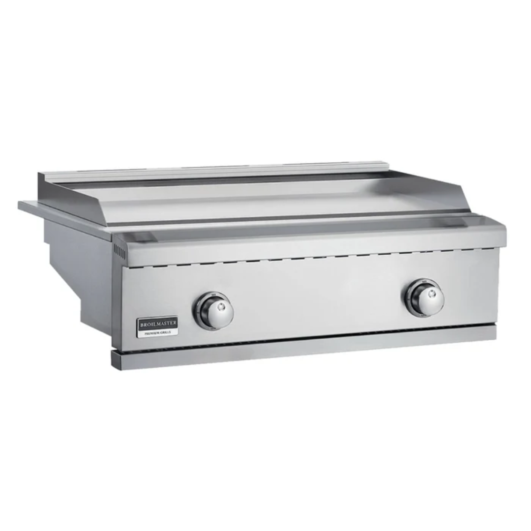 Broilmaster B-Series 32-inch built-in stainless steel gas griddle for outdoor kitchen, two-burner flat-top griddle with rear splash guard and stainless control knobs