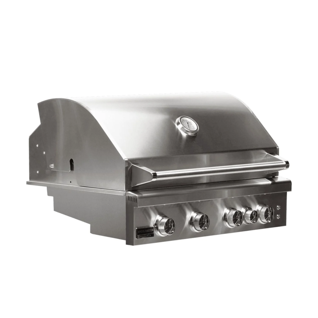 Built-in grill head, Broilmaster, stainless steel finish, 5 control knobs and hood thermometer