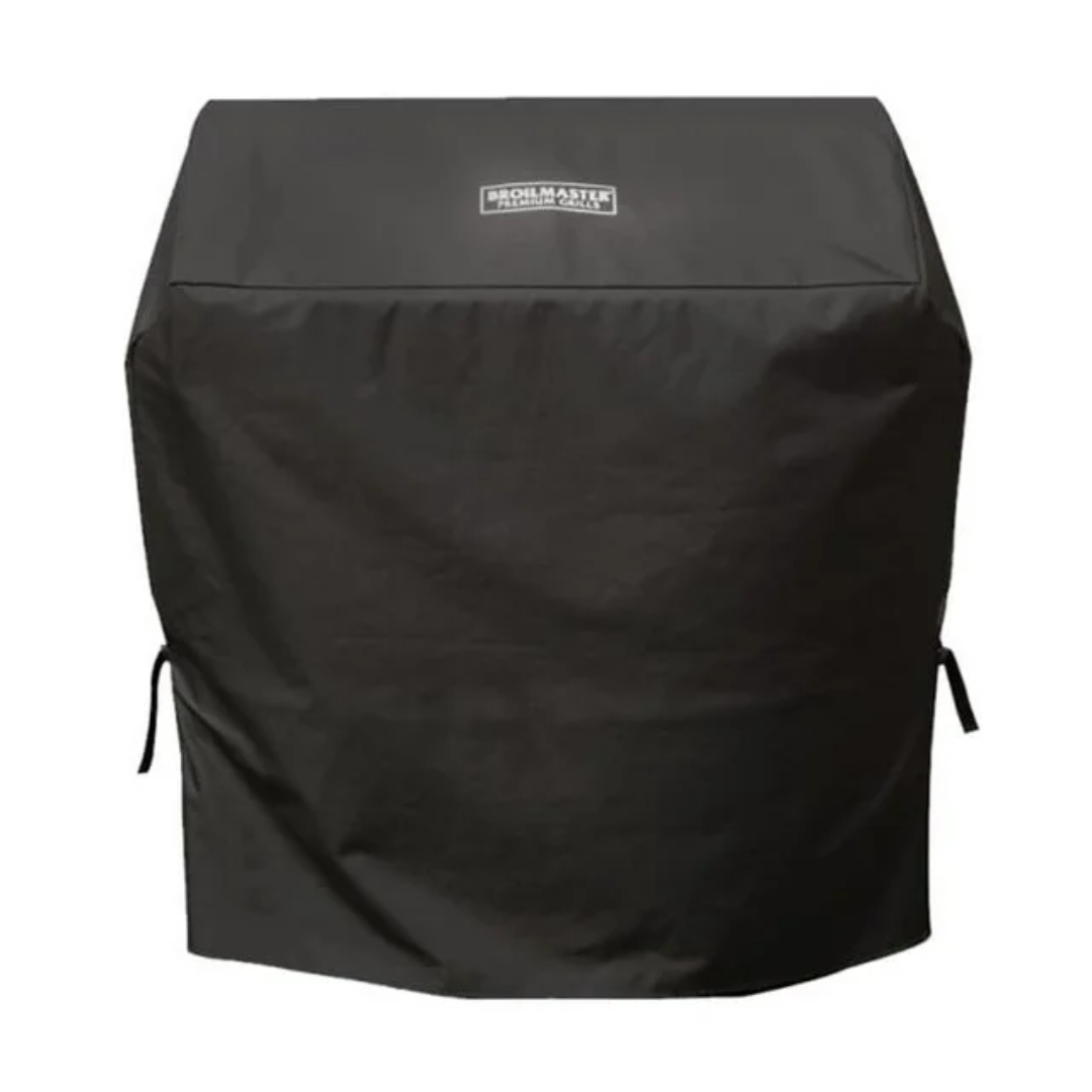 BroilMaster BSACV34L black heavy-duty vinyl 34-inch grill cover with BroilMaster logo and side tie straps, weatherproof outdoor BBQ grill protector