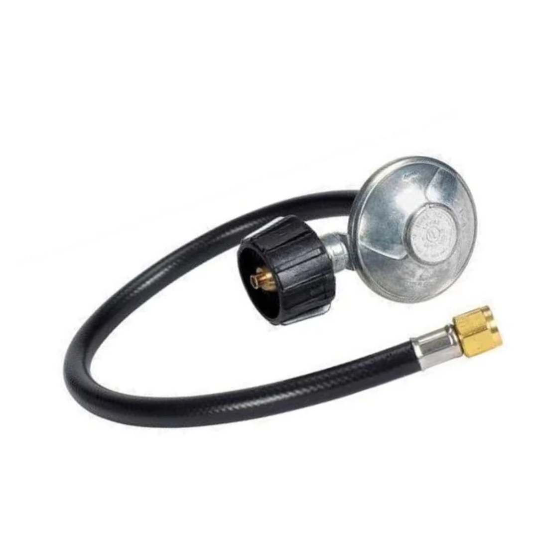 Broilmaster replacement propane hose and low-pressure regulator assembly for LP gas BBQ grills with angled cylinder connector and brass flare fitting