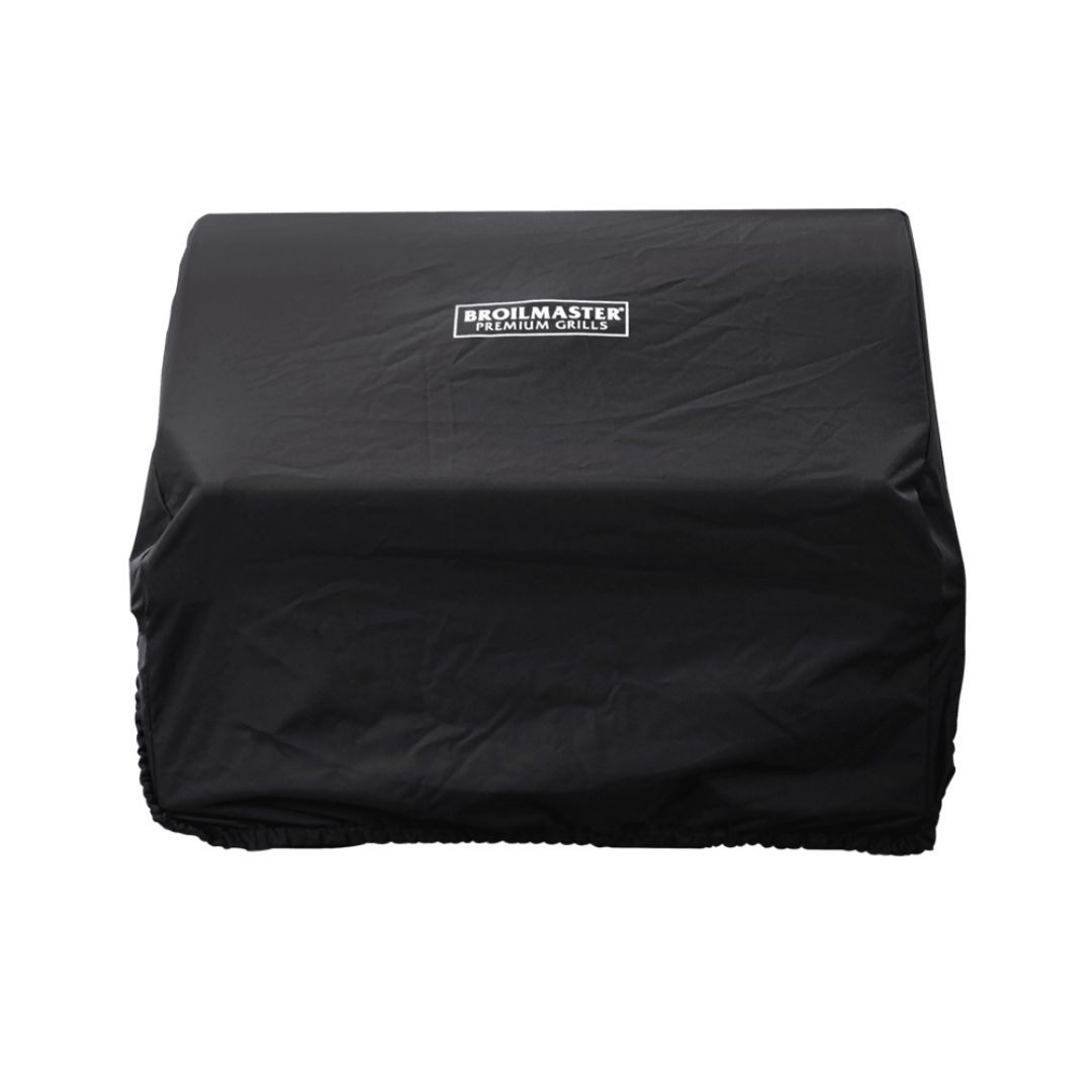 Broilmaster black built-in grill cover with Broilmaster Premium Grills logo – heavy-duty weatherproof vinyl cover with elastic hem for built-in outdoor kitchen and barbecue grills