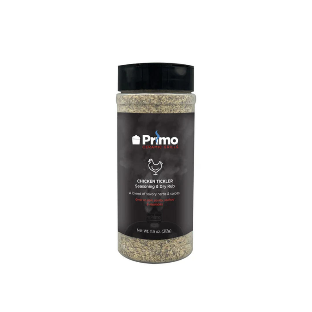 Primo Ceramic Grills Chicken Tickler Seasoning & Dry Rub 11.5 oz clear shaker bottle with black lid, herb and spice blend dry rub for chicken, pork, seafood and vegetables, ideal for grilling and smoking