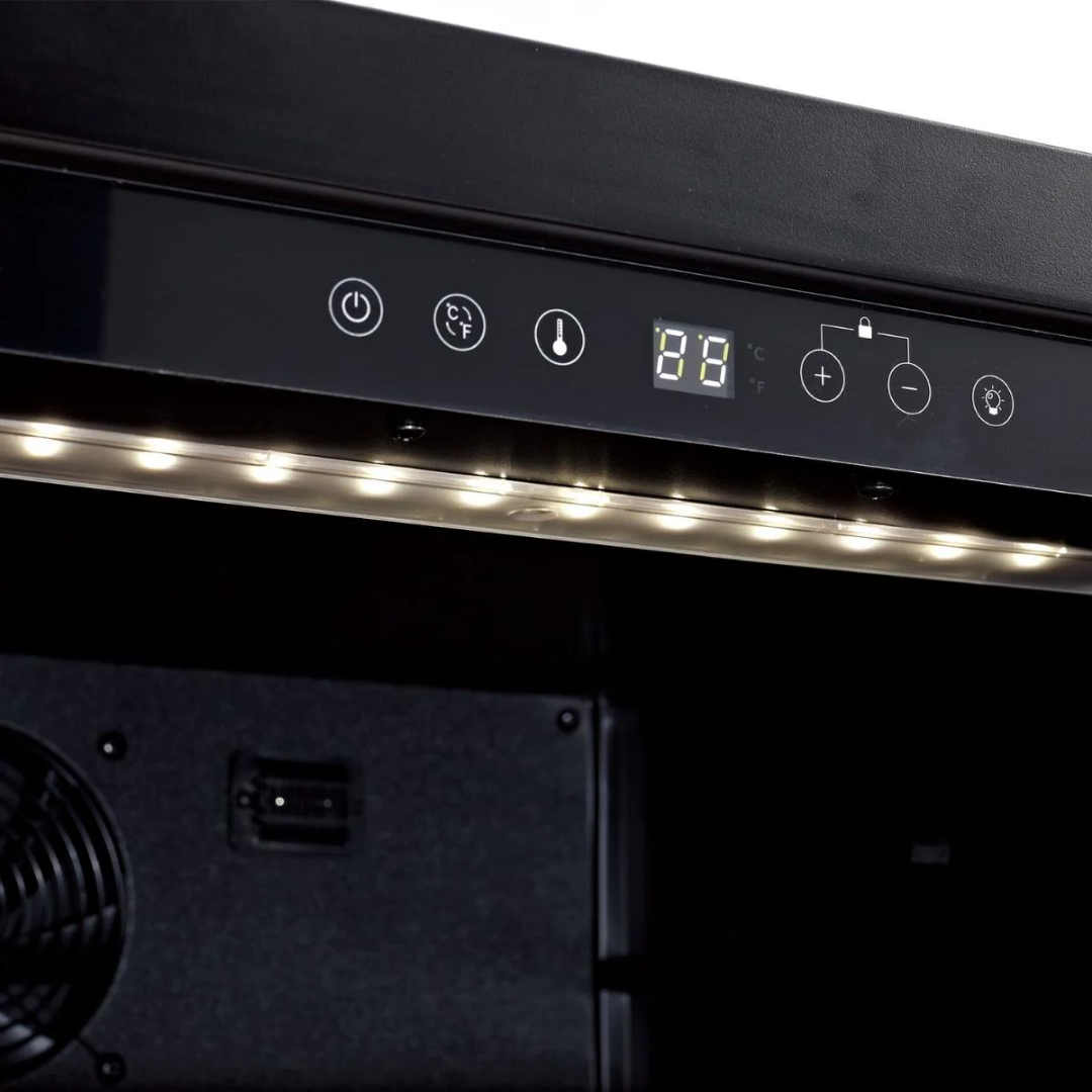 wine cooler digital touchpad control panel with LED temperature display, C/F toggle, thermometer icon, child-lock, plus/minus temp buttons and interior LED strip lighting