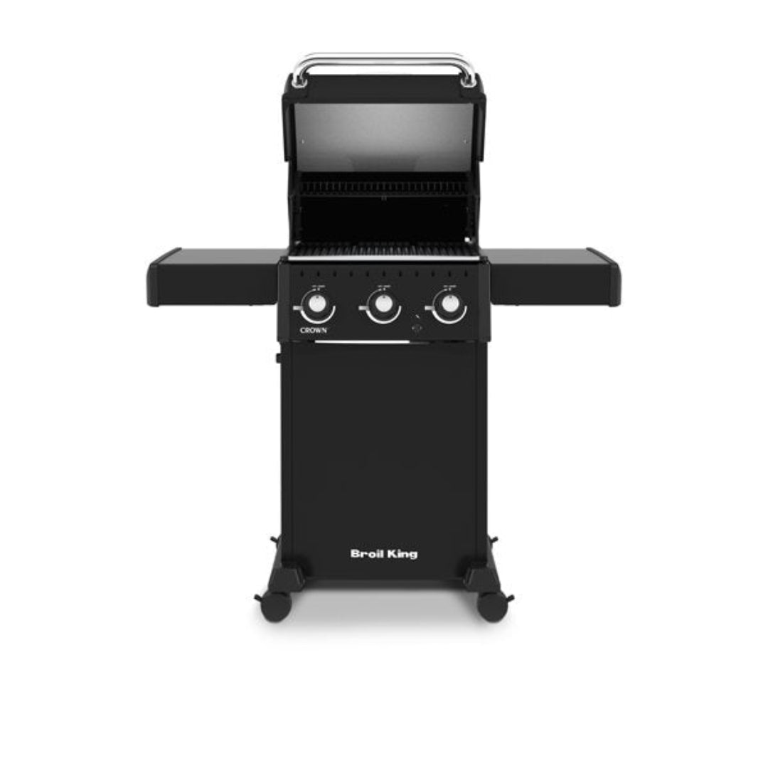 Freestanding grill, Broil King, Crown Series, black finish with three burners, open hood, and fold-down side shelves