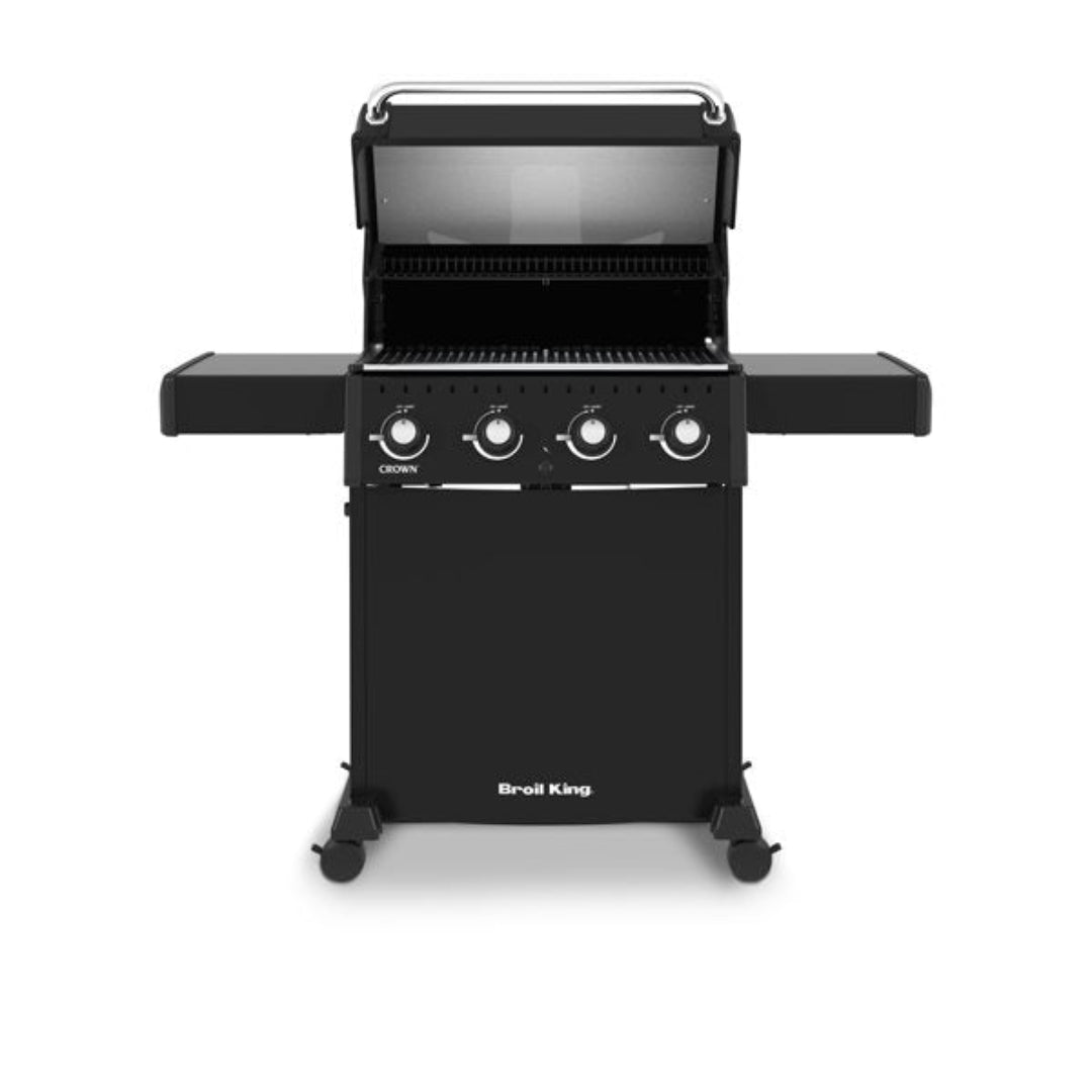 Freestanding Grill – Broil King – Crown Series – 4-Burner Propane – Lid Open – Black Finish – Side Shelves – Front View