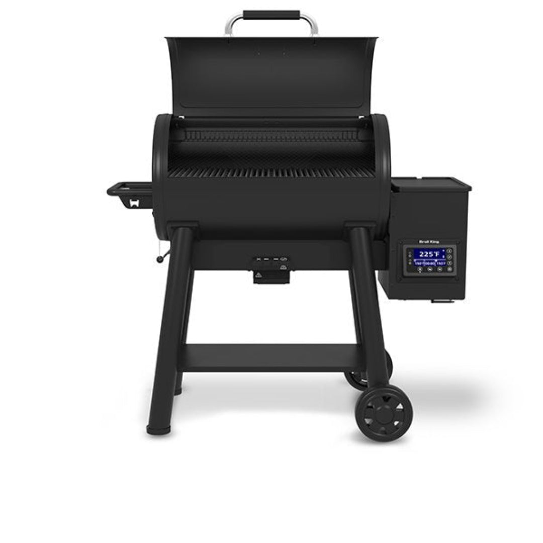 Pellet Grill, Broil King, Regal Pellet 500 Series, front view with open lid and digital temperature control display