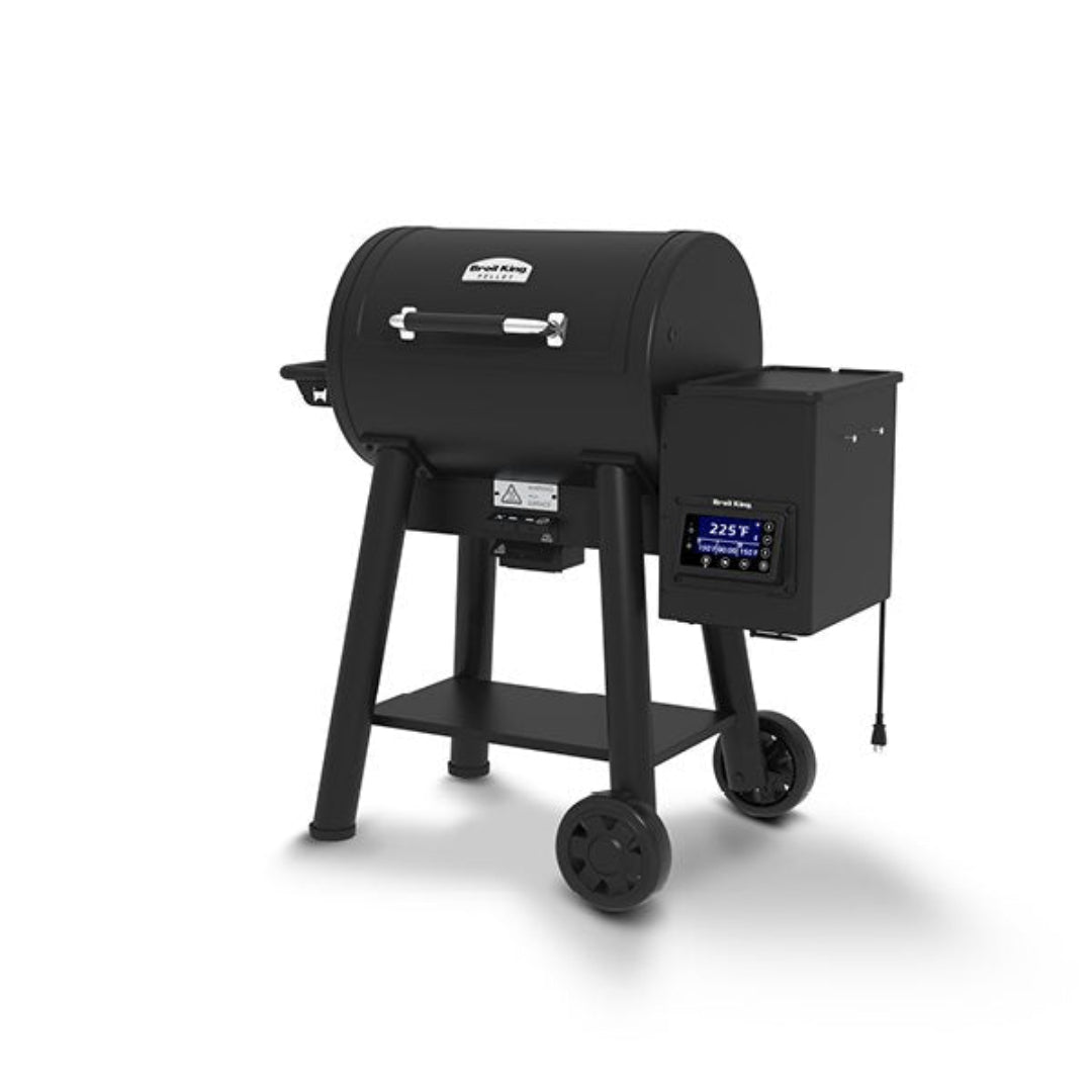 Grill, Broil King, Regal Pellet Series, angled freestanding pellet grill with closed lid and digital temperature display