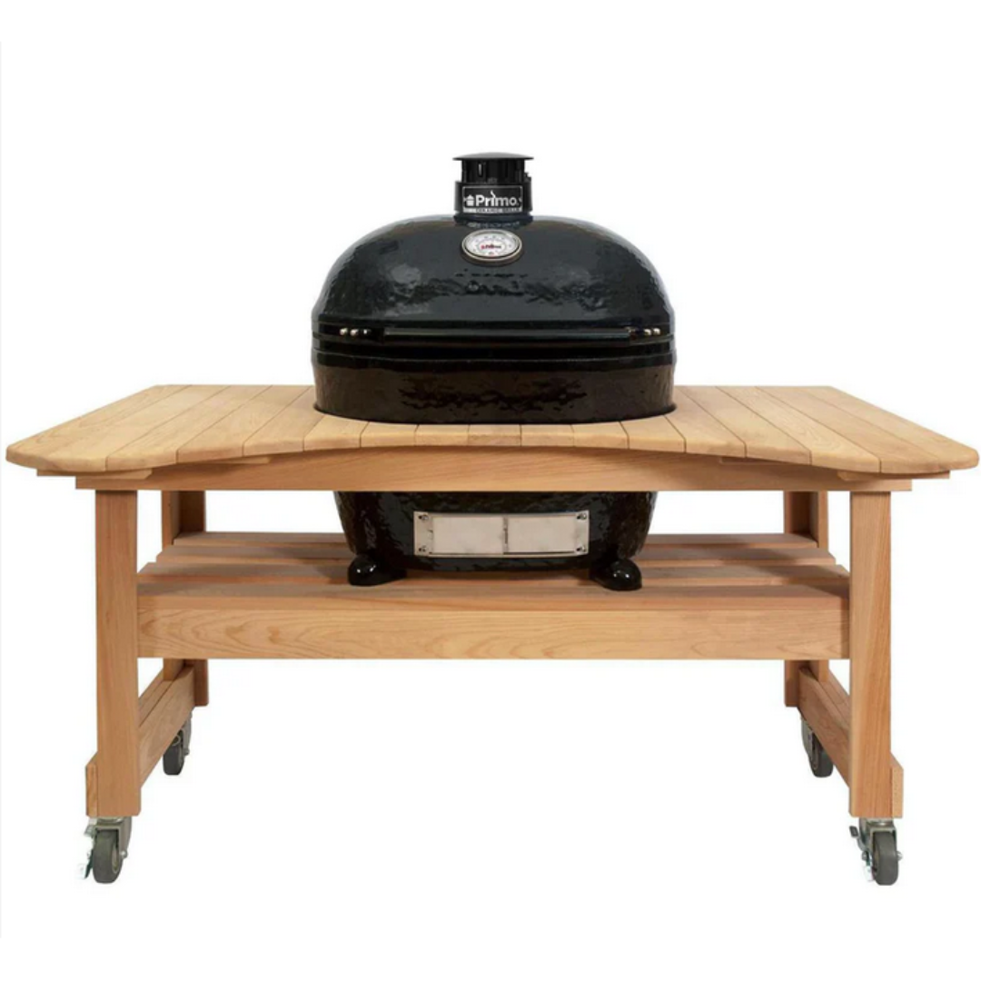 Cypress outdoor rolling table with lower shelf and casters for Primo Oval XL kamado grill