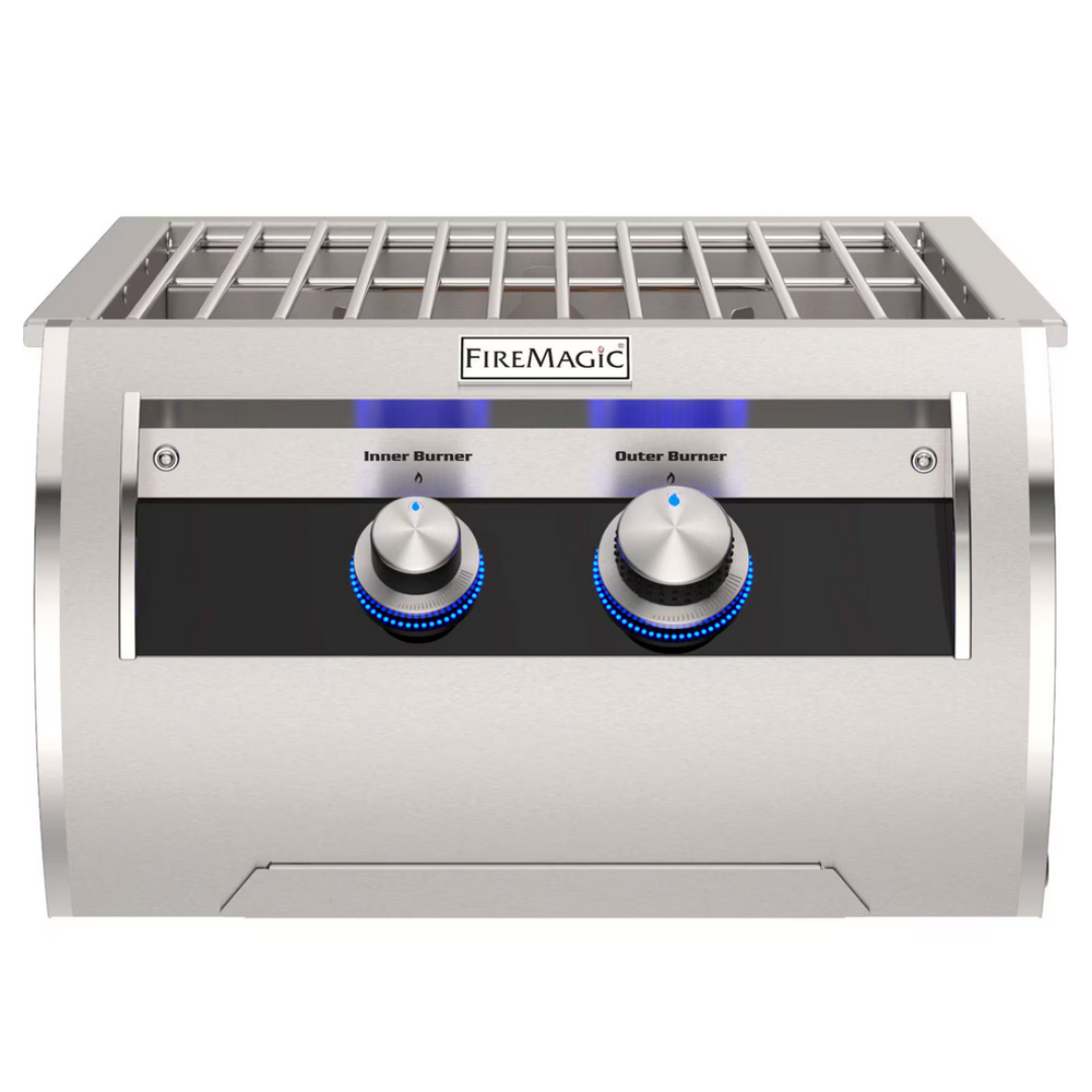 FireMagic Echelon power burner stainless steel built-in side burner module with dual LED-illuminated control knobs labeled Inner Burner and Outer Burner for outdoor kitchen grills