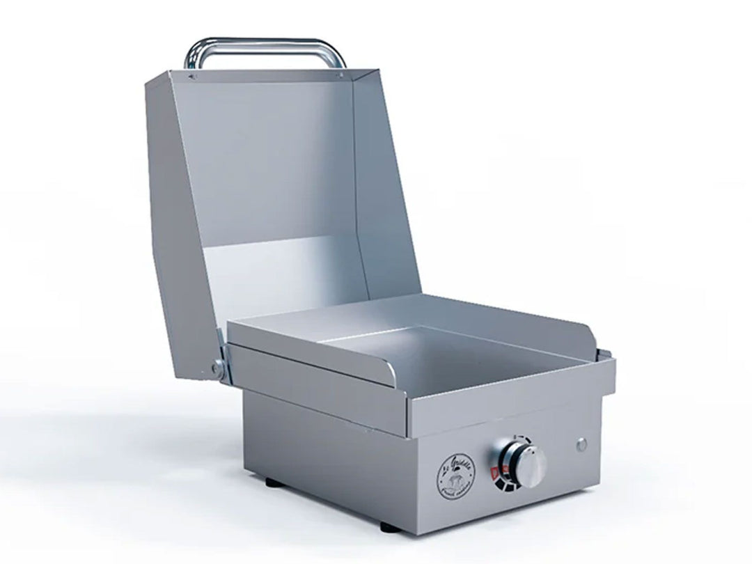 Stainless steel GEE40 commercial countertop flat-top griddle plancha with hinged hood and adjustable temperature control knob