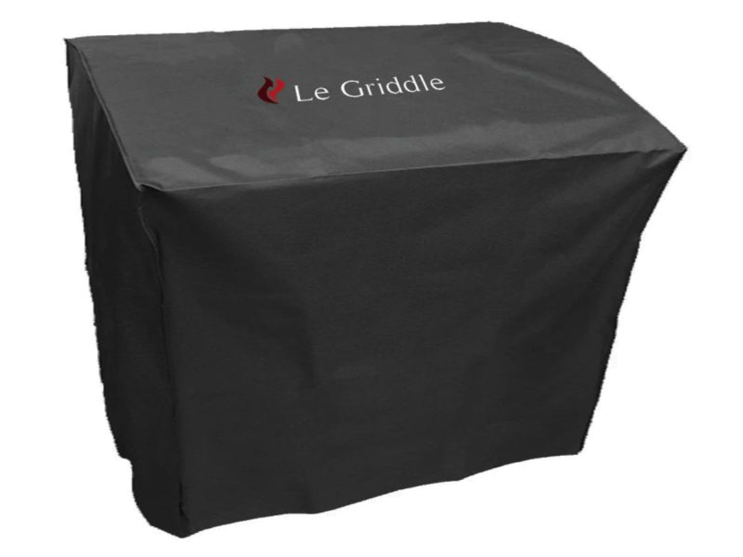 A black, weather-resistant vinyl cover for a Le Griddle 60-Inch Four-Burner Gas Griddle mounted on a cart.
