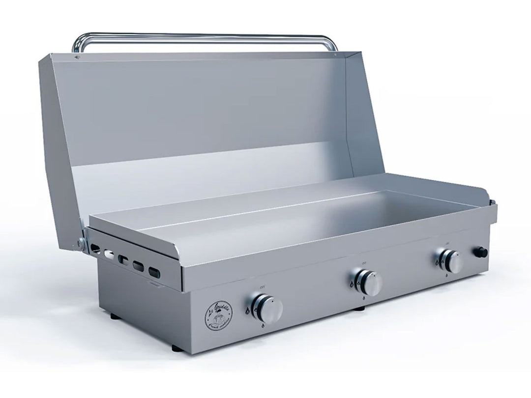 GFE105 stainless steel 3-burner tabletop gas flat-top griddle with folding hood and integrated grease tray for outdoor kitchen and commercial catering