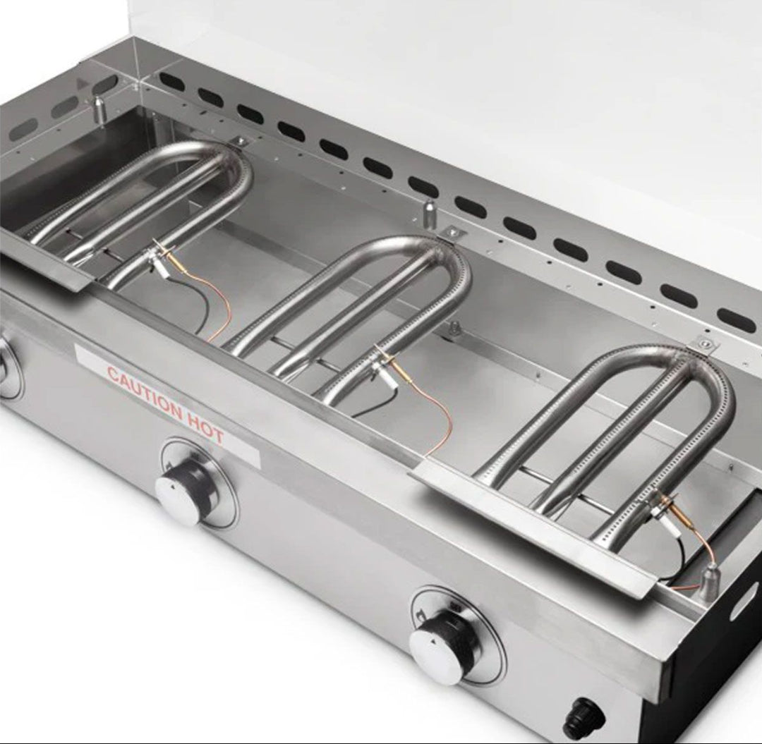 3-burner stainless steel U-shaped replacement gas grill burner assembly with electronic ignition wires and front control knobs for built-in barbecue grills