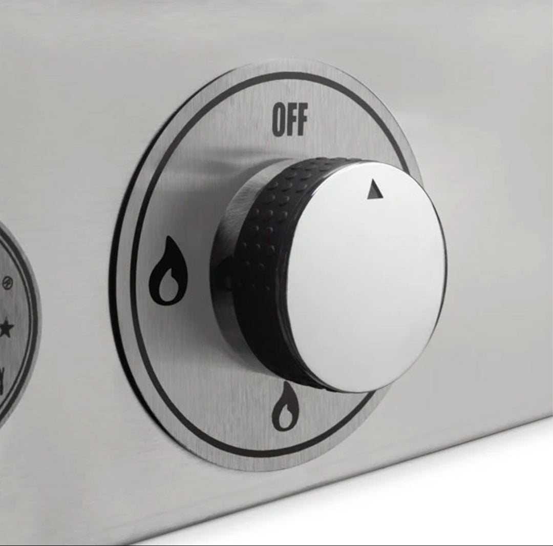 Trueflame GFE105 stainless steel gas grill replacement control knob, polished chrome face, textured black grip, triangle pointer, OFF label and flame icons