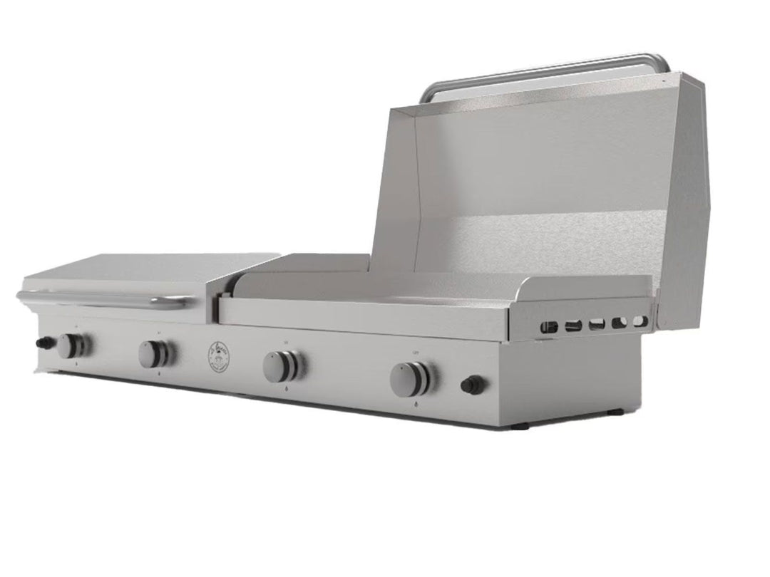 Trueflame GFE160 stainless steel built-in drop-in outdoor gas grill head with hinged hood, flat-top griddle and four burner control knobs for outdoor kitchen