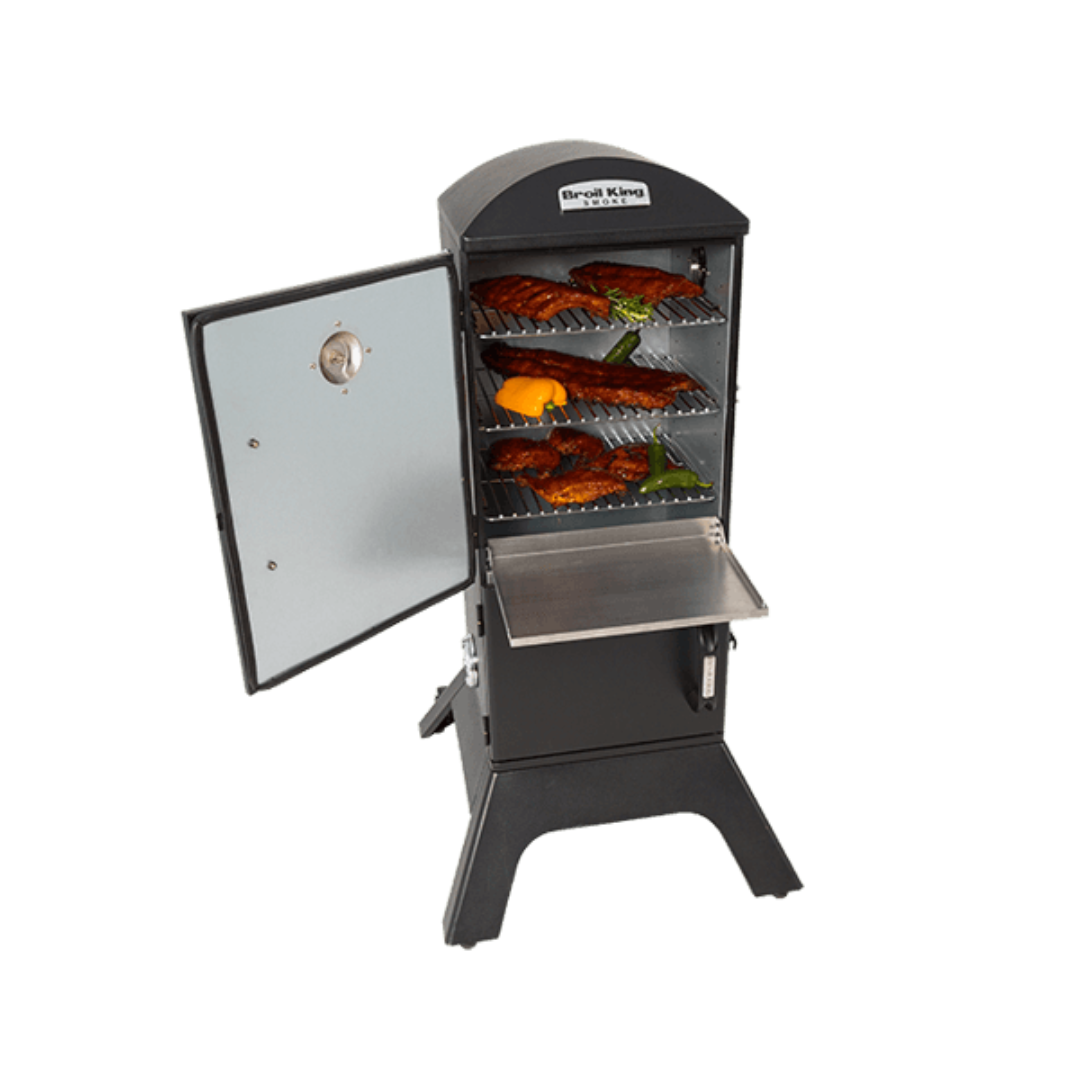 Vertical Smoker, Broil King, Smoke Series, Open Door with Ribs and Peppers on Stainless Steel Racks