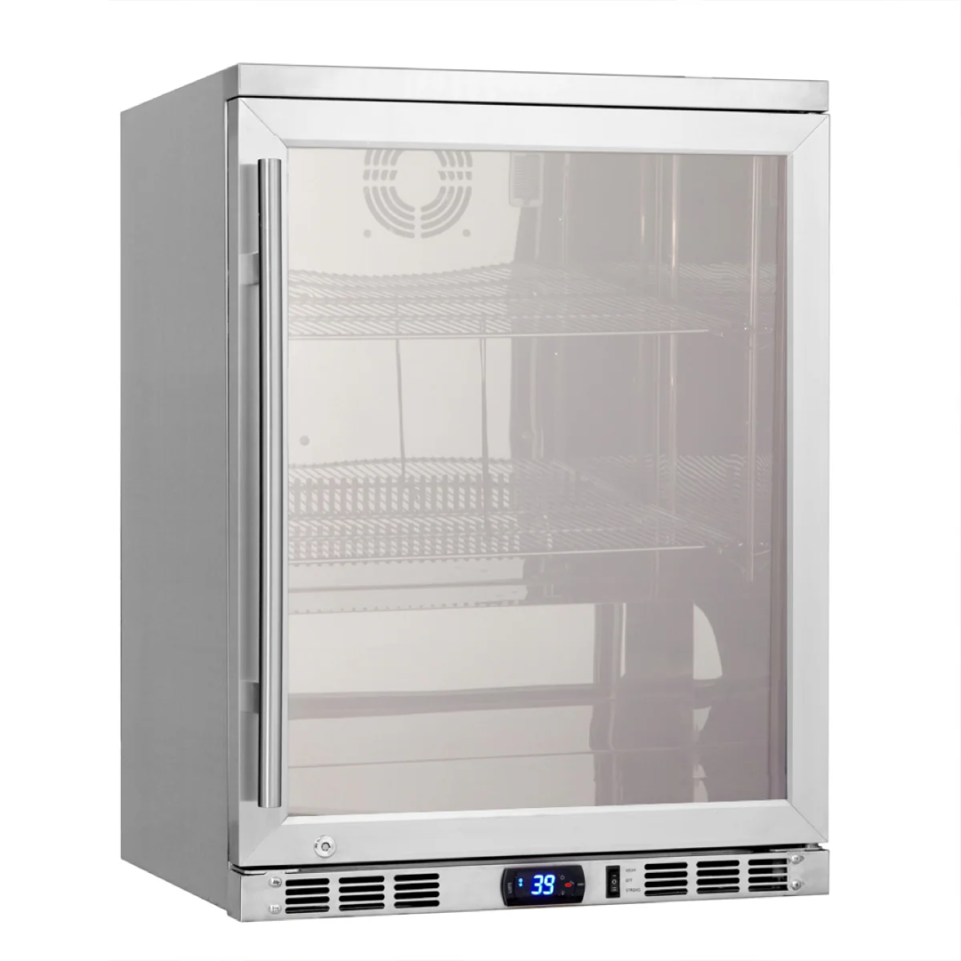 Under-counter heated glass-door beer cooler KBU55M — stainless steel glass-door beverage refrigerator, front-vented with lock, digital thermostat (39°F) and adjustable wire shelves