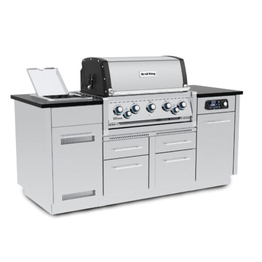 Broil King Imperial QS 590i built-in stainless steel outdoor kitchen island gas grill with covered side burner, blue-ring control knobs, digital control panel and multiple storage drawers