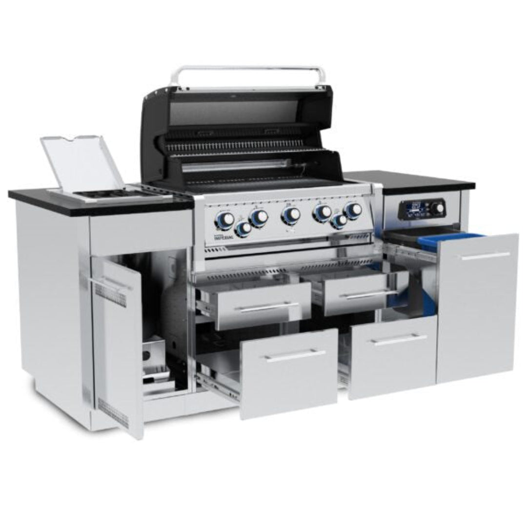 Imperial QS-590i built-in stainless steel 5-burner outdoor gas grill island with side burner, integrated refrigerator drawer, multiple storage drawers and warming rack