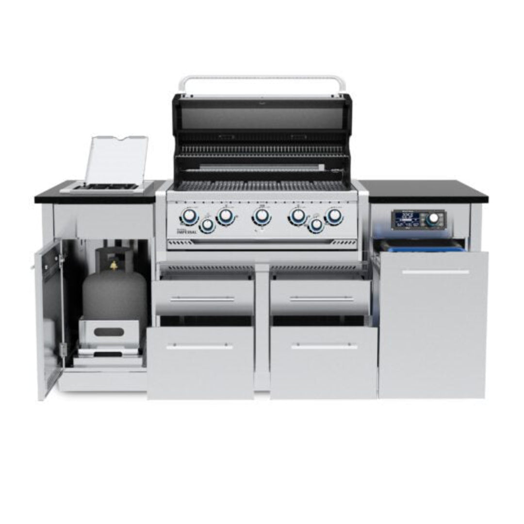 Imperial QS-590i 59-inch built-in stainless steel outdoor kitchen gas grill island with integrated side burner, propane tank storage cabinet, pull-out refrigerated drawer and multiple storage drawers