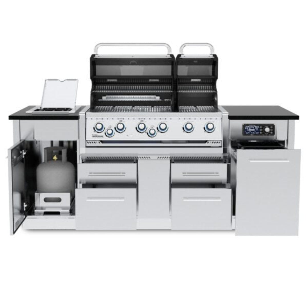 Imperial QS-690i 7-burner built-in stainless steel gas grill island with dual hood lids and warming racks, side burner, open propane tank cabinet, digital control panel and multiple stainless storage drawers for outdoor kitchen