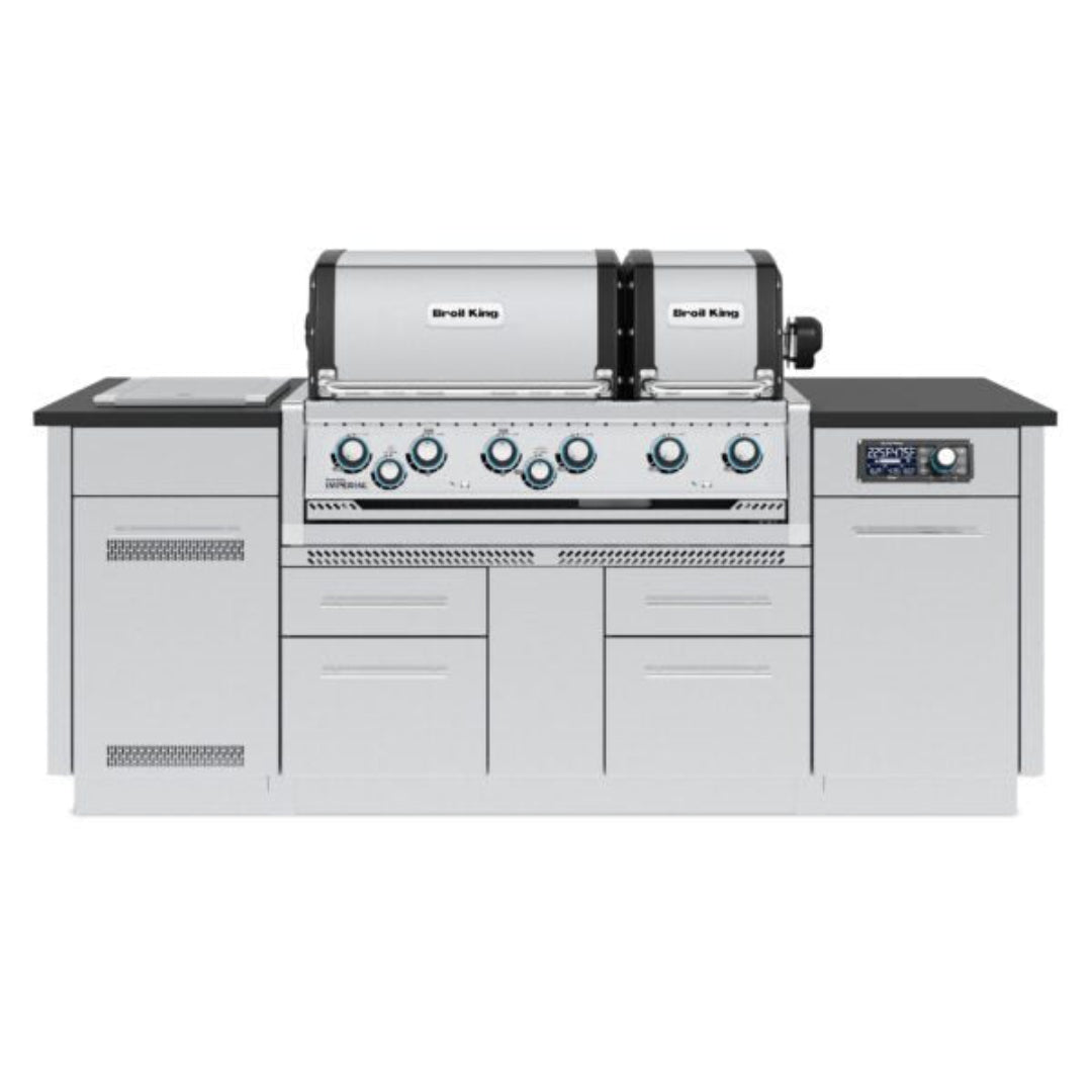 Broil King Imperial QS 690i built-in stainless steel 6-burner gas grill for outdoor kitchen island with dual hoods, multiple storage drawers and integrated control panel
