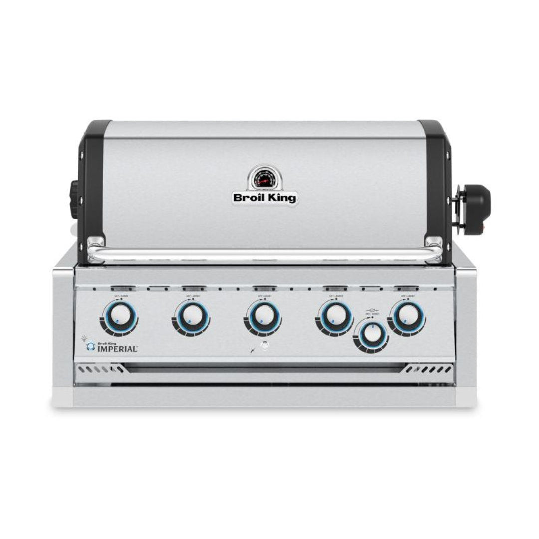Built-in gas grill, Broil King, Imperial series, 5-burner stainless steel design with LED control knobs.
