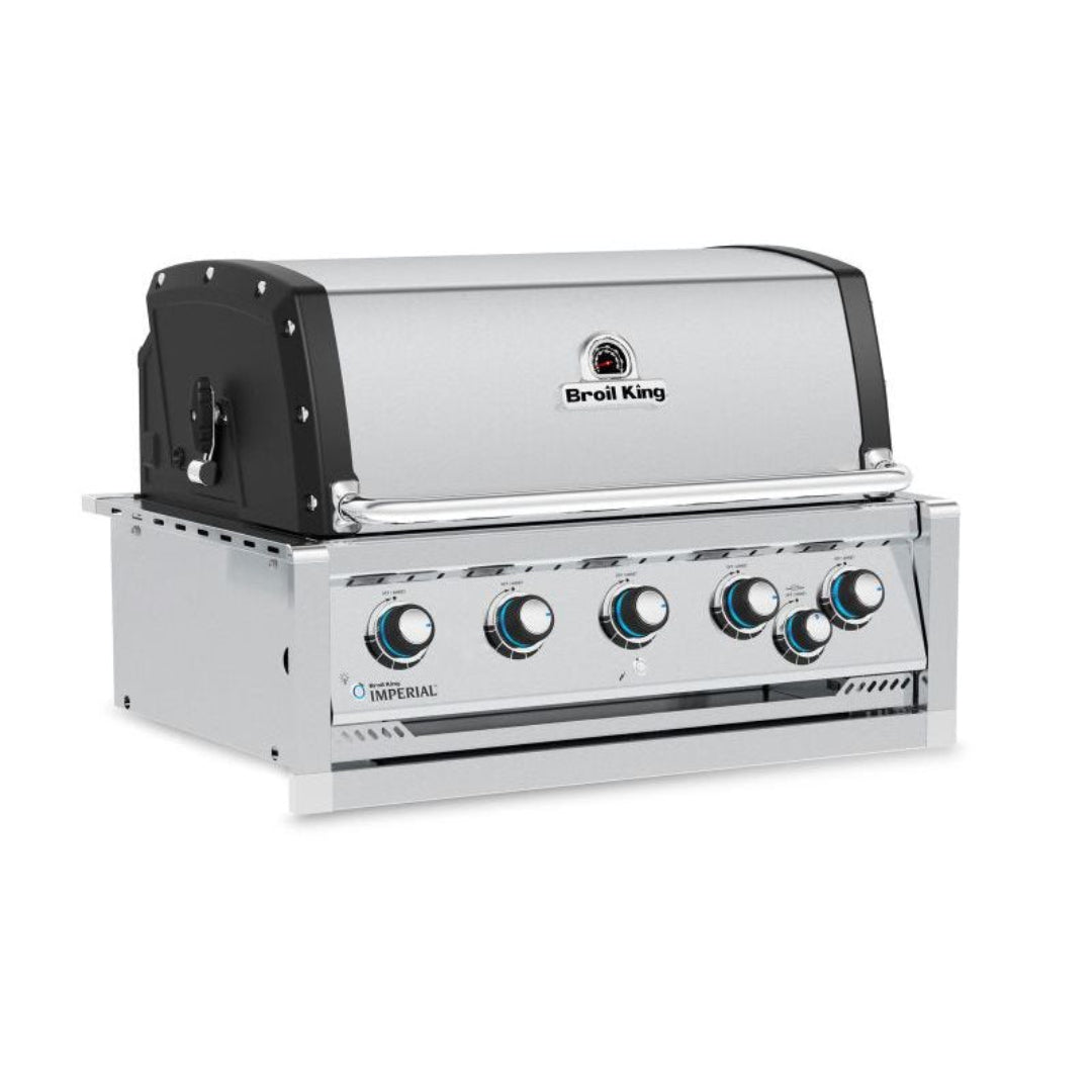 Built-in gas grill, Broil King, Imperial series, 5-burner stainless steel unit with LED-lit control knobs and rear rotisserie.